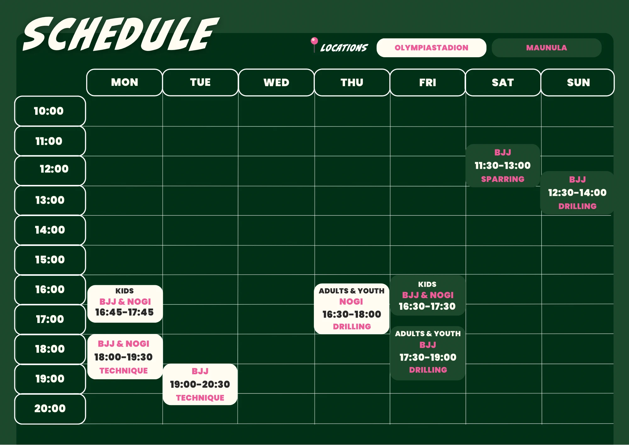 Kaski Kamppailu weekly BJJ training schedule, Helsinki