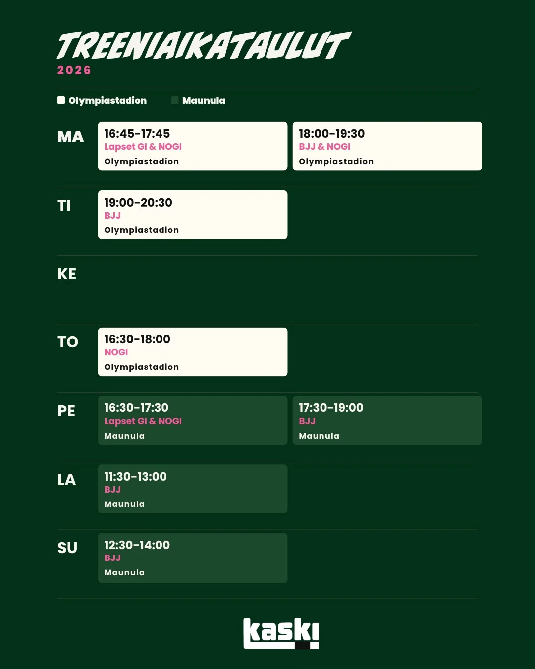 Kaski Kamppailu weekly BJJ training schedule, Helsinki