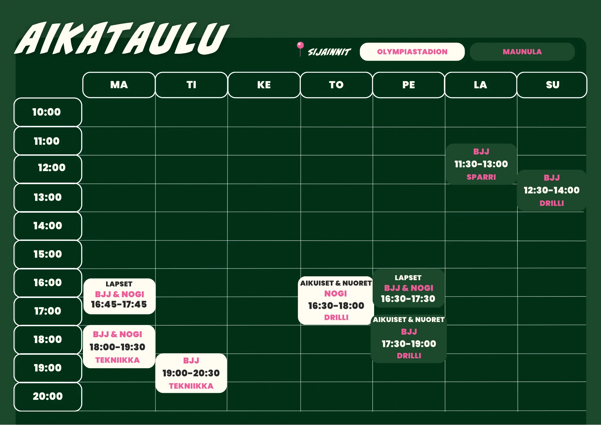 Kaski Kamppailu weekly BJJ training schedule, Helsinki